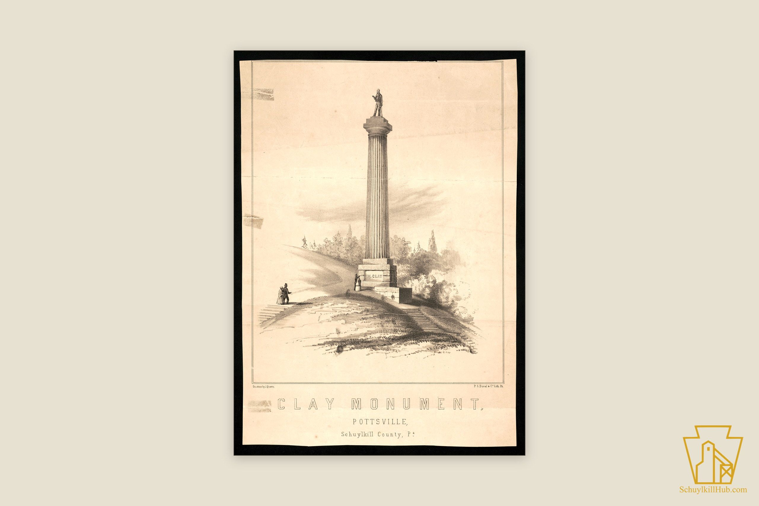 Lithograph of the Henry Clay Monument at Pottsville, an iron statue atop a fluted column.