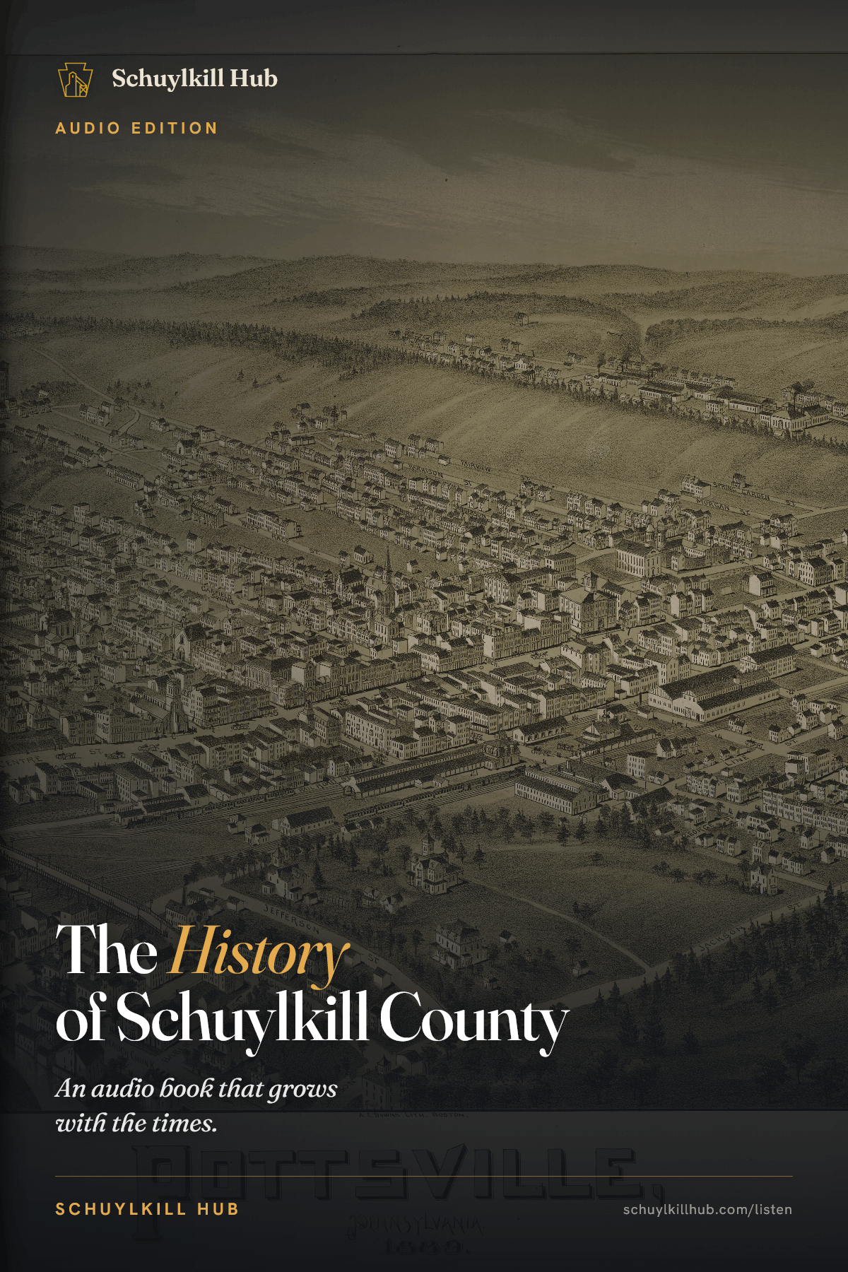 The History of Schuylkill County — the Schuylkill Hub audio edition, an 1889 bird’s-eye view of Pottsville on the cover
