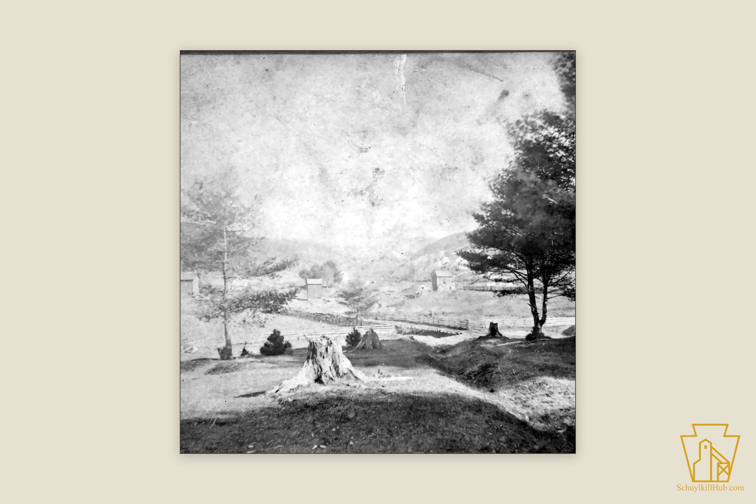A hillside of tree stumps, split-rail fences and scattered houses northwest of Pottsville — a stereograph frame.