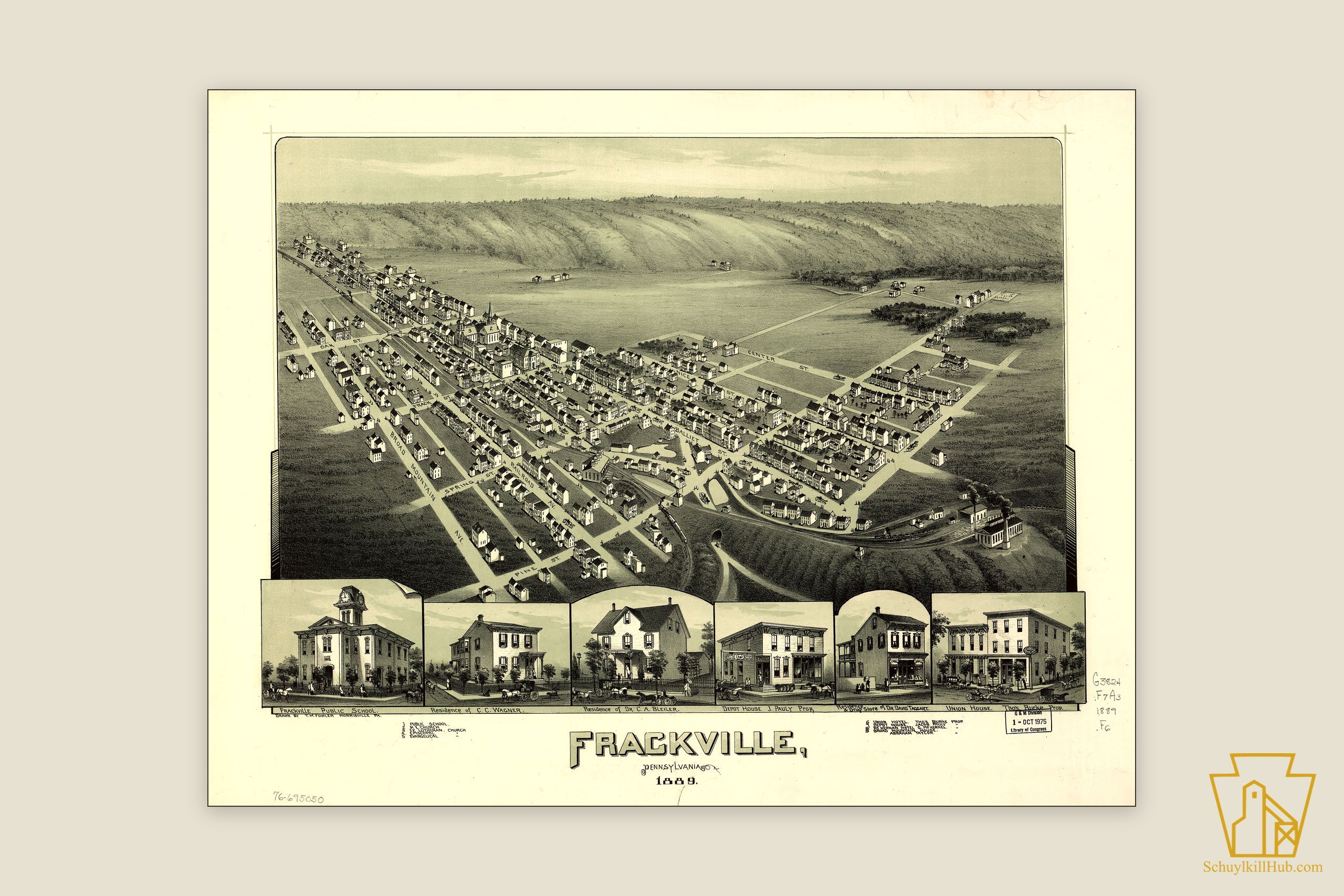 Bird’s-eye-view lithograph of Frackville, Pennsylvania, 1889 — the town’s streets and buildings drawn in aerial perspective.