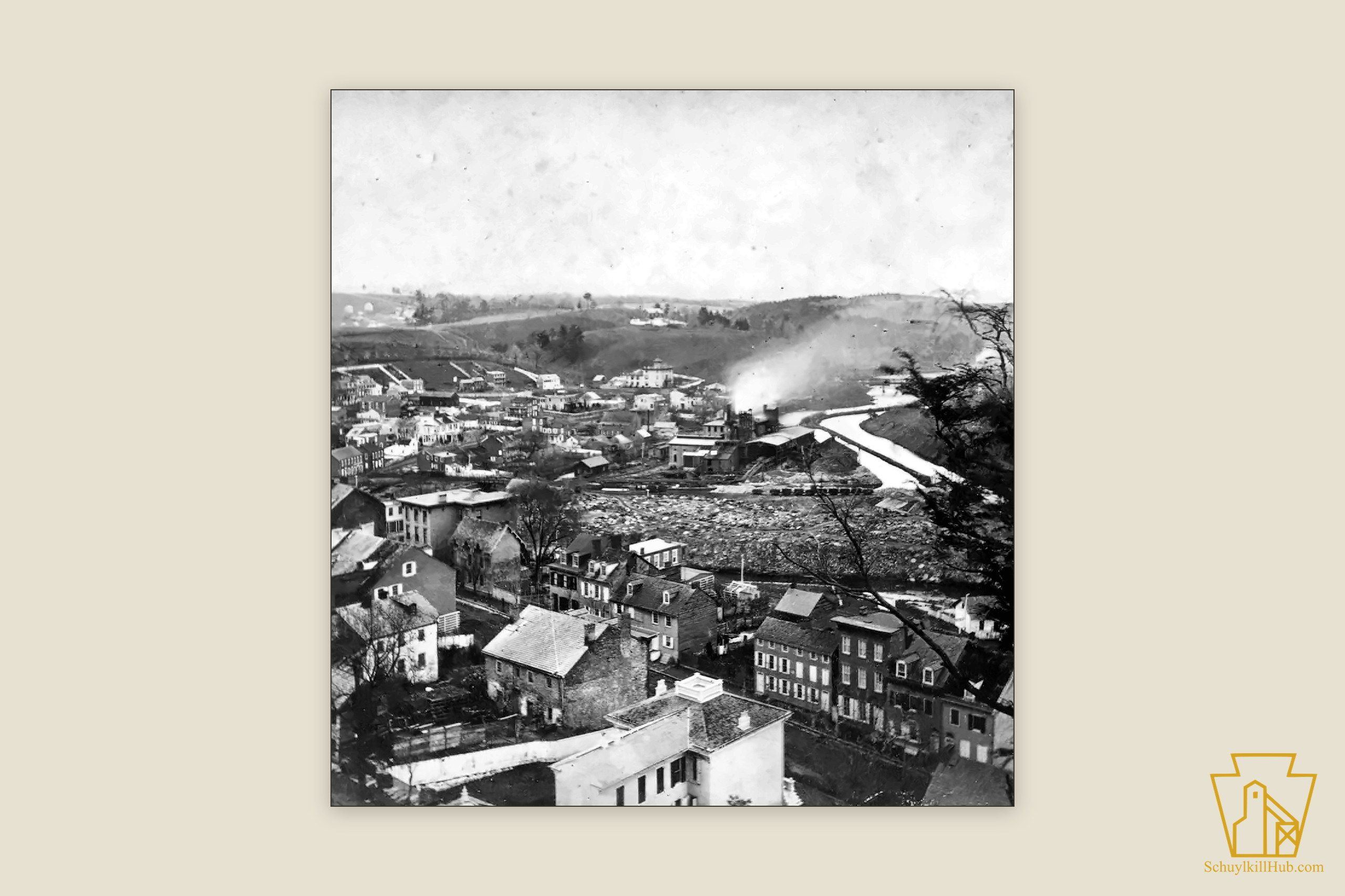 Pottsville spread across its hillside, canal and rail cars in the valley below — a stereograph frame.