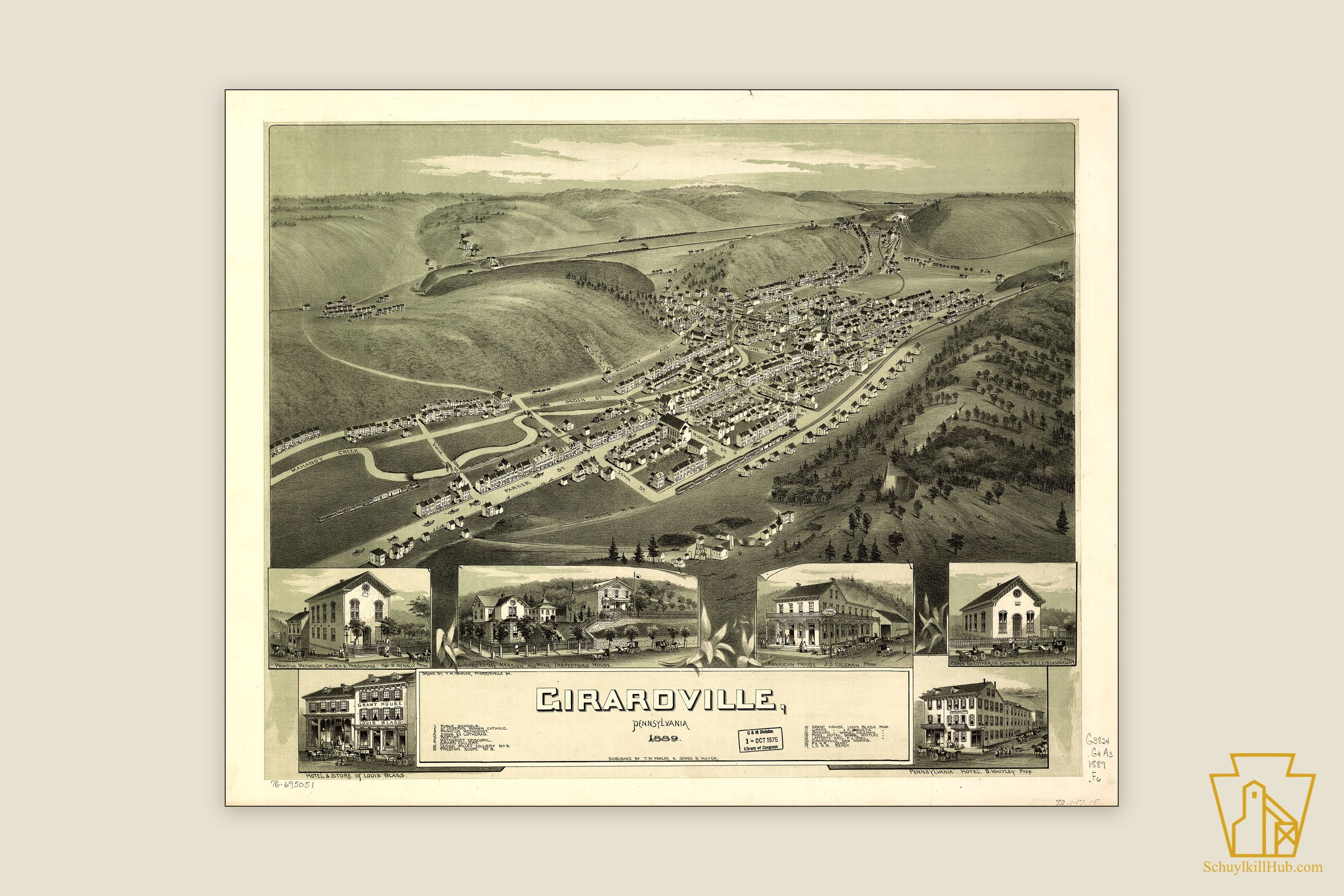 Bird’s-eye-view lithograph of Girardville, Pennsylvania, 1889, its street grid drawn in aerial perspective along the valley.