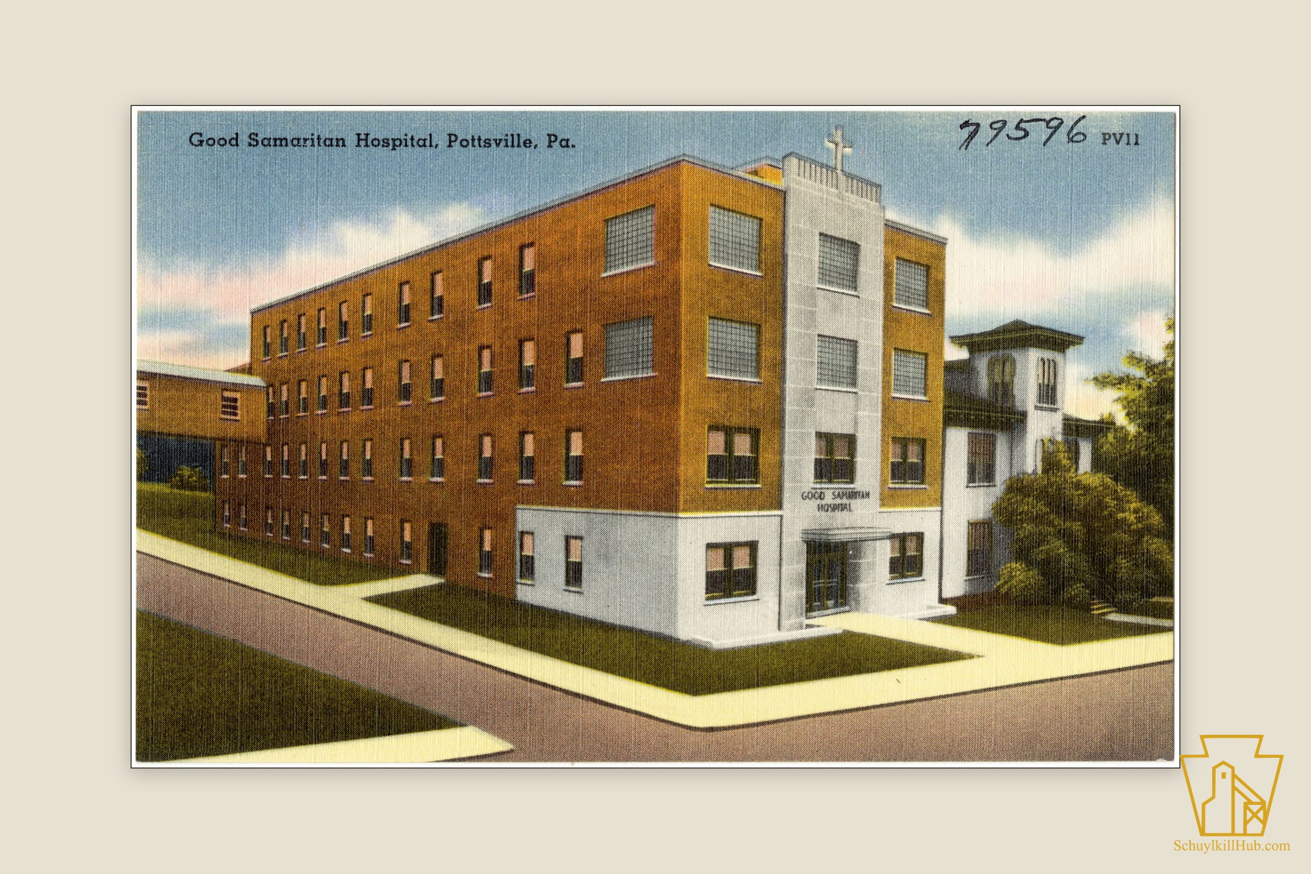 Color linen postcard of the brick Good Samaritan Hospital at Pottsville.