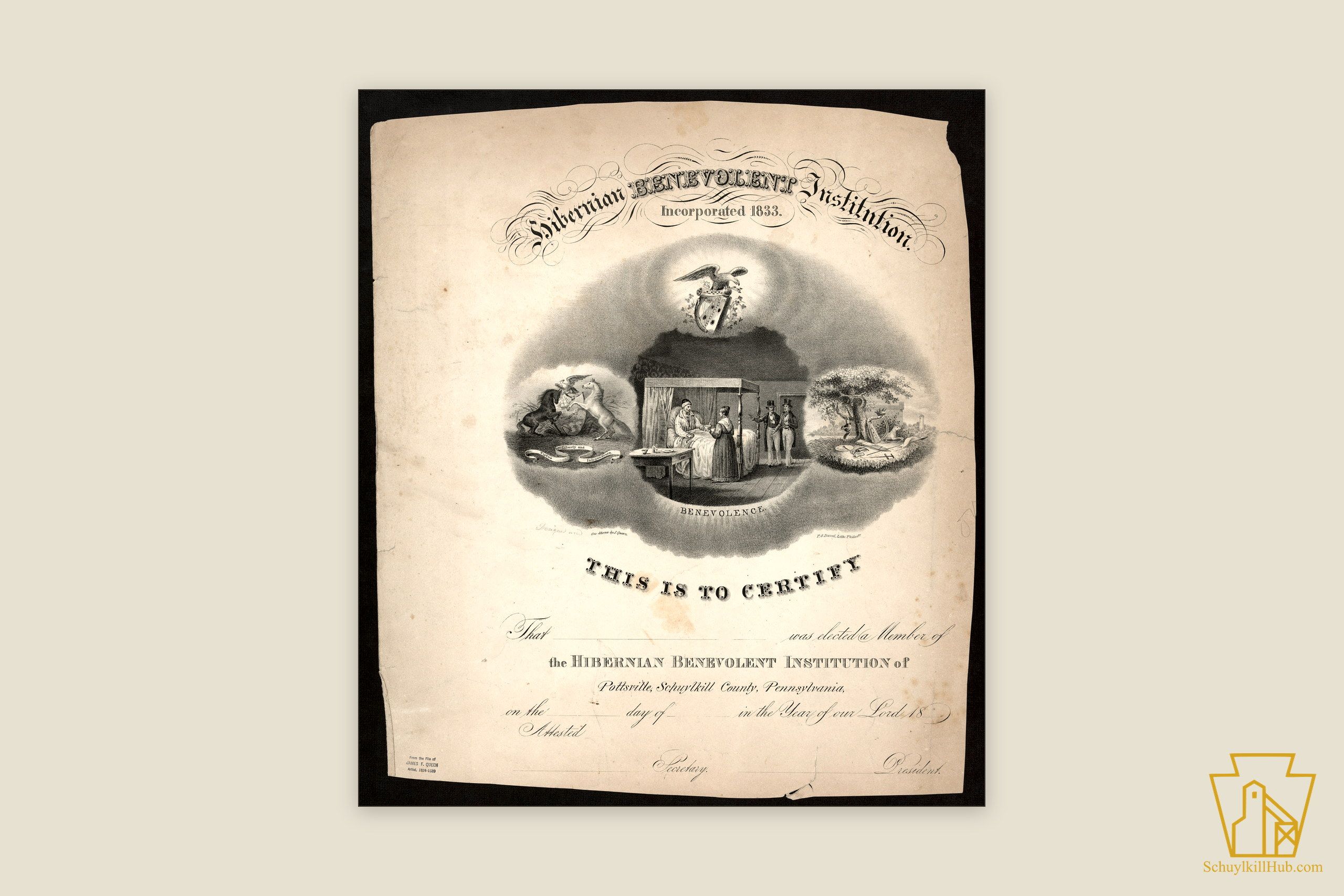 Ornate lithographed membership certificate with allegorical female figures and an Irish harp.