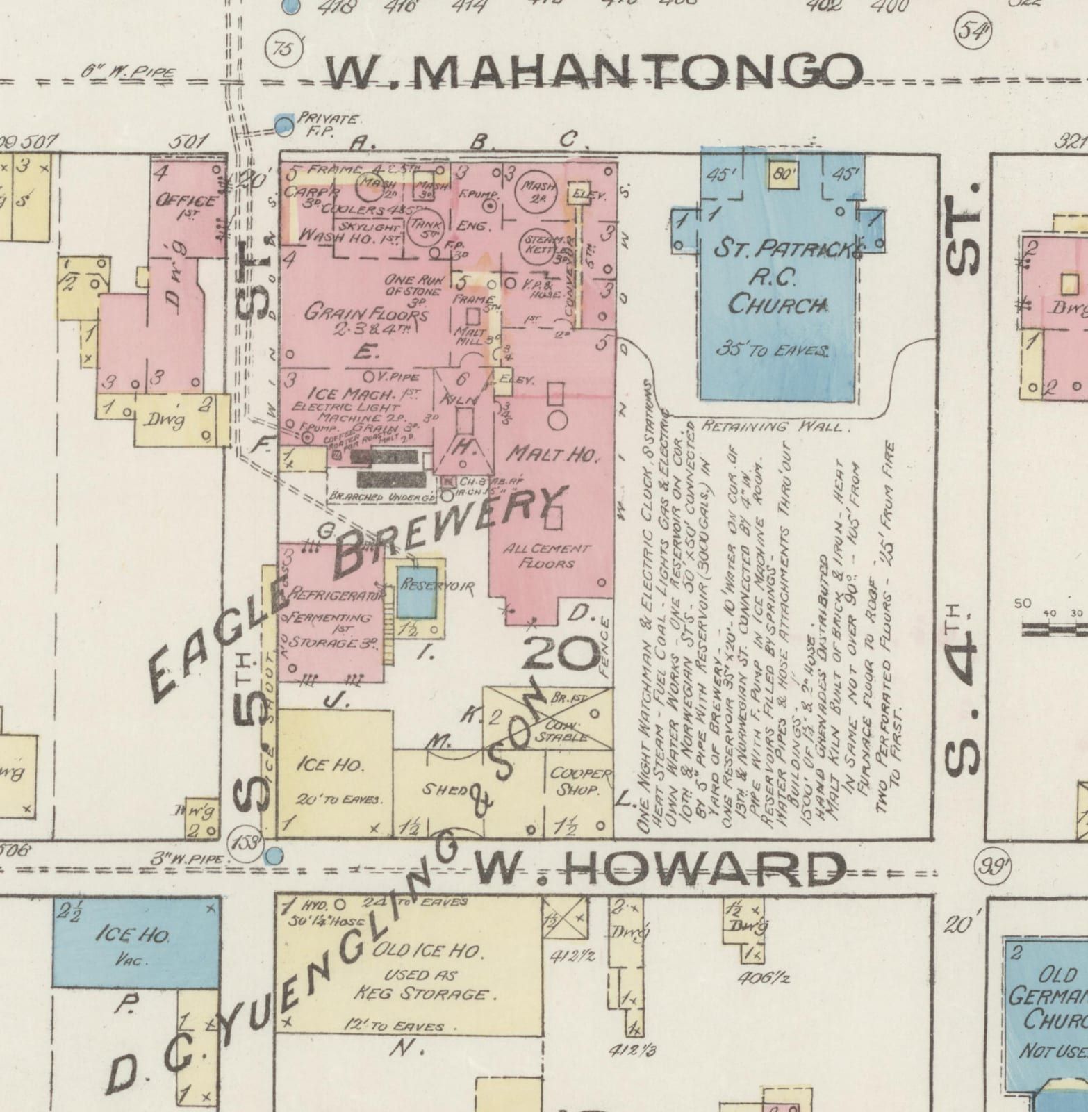 A hand-colored 1885 fire-insurance map of the block at Fifth and West Mahantongo Streets in Pottsville, the words 'Eagle Brewery' and 'D. G. Yuengling & Son' lettered diagonally across pink brick buildings marked with mash tubs, steam kettle, malt house, kiln, ice machine, a blue reservoir, and ice houses across West Howard Street, with St. Patrick's R.C. Church on the adjoining lot.