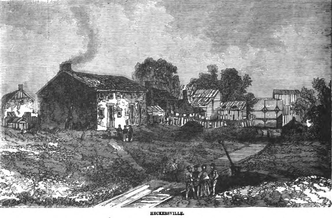 Wood engraving of Heckscherville, a Cass Township mining patch: a rough dirt street of miners' houses with small groups of figures standing in the foreground, plank outbuildings and a colliery structure behind, under the printed plate caption 'Heckersville.'