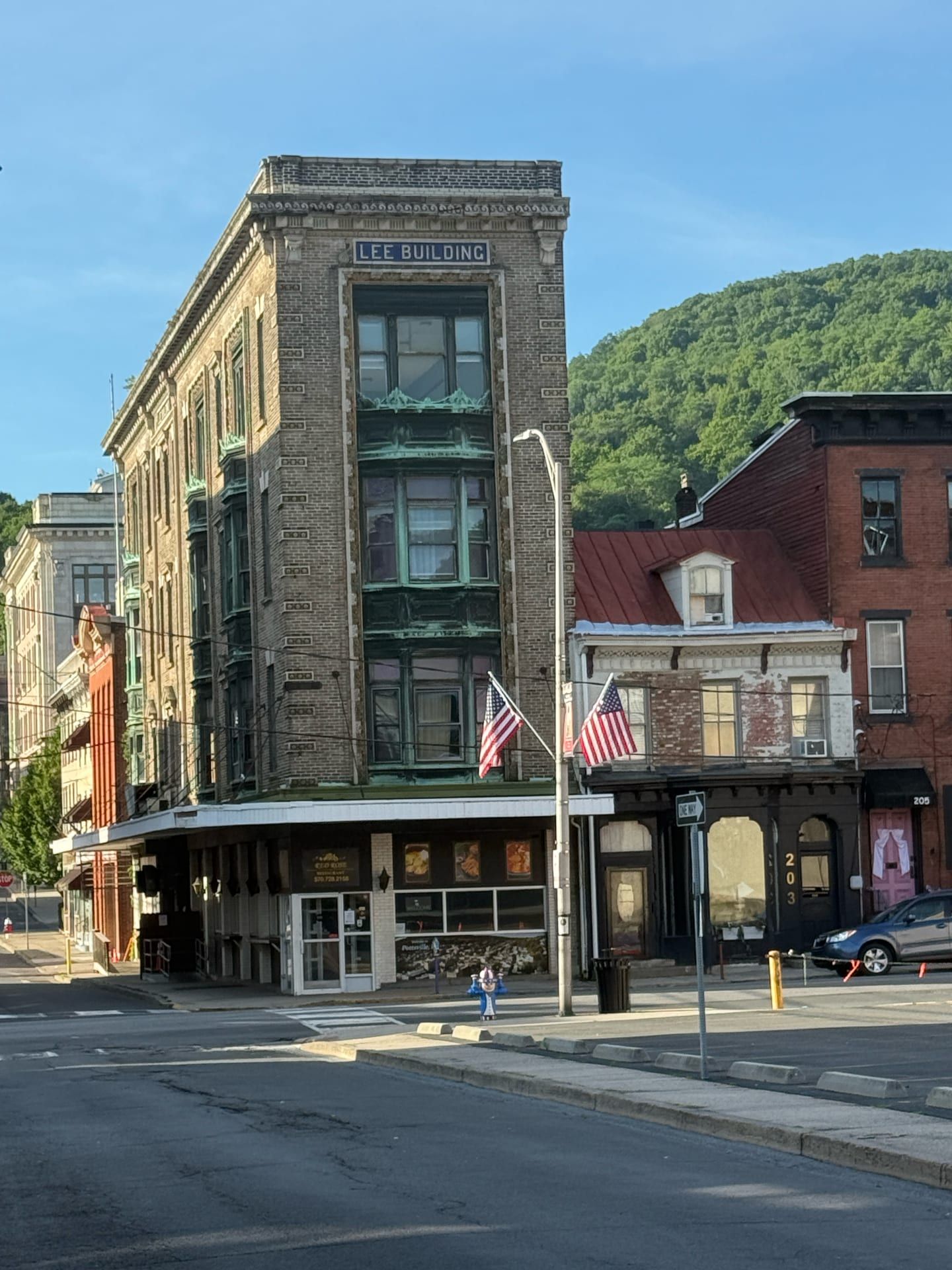 The Lee Building at 201 West Market Street, Pottsville — a tall, narrow four-story brick-and-terra-cotta commercial block on a street corner, 'LEE BUILDING' lettered on a stone panel below the cornice, projecting bay windows trimmed in weathered green copper over a storefront, two American flags, and a wooded ridge behind.