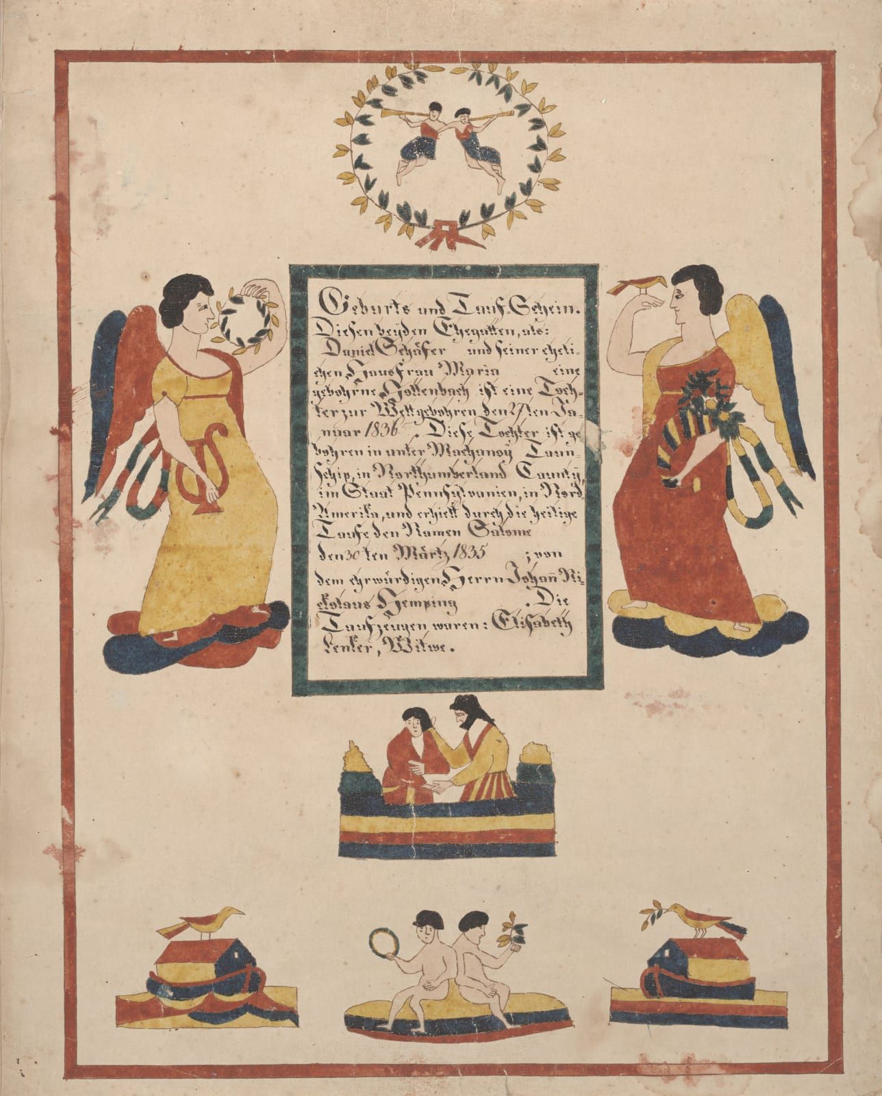 A Taufschein with two trumpeting angels in a laurel wreath above a green-framed text panel, flanked by two robed angels standing on clouds — one holding a wreath and a lyre, the other a bird and a cornucopia — with a baptism scene and bird-topped arks below, in brick red, yellow, and blue.