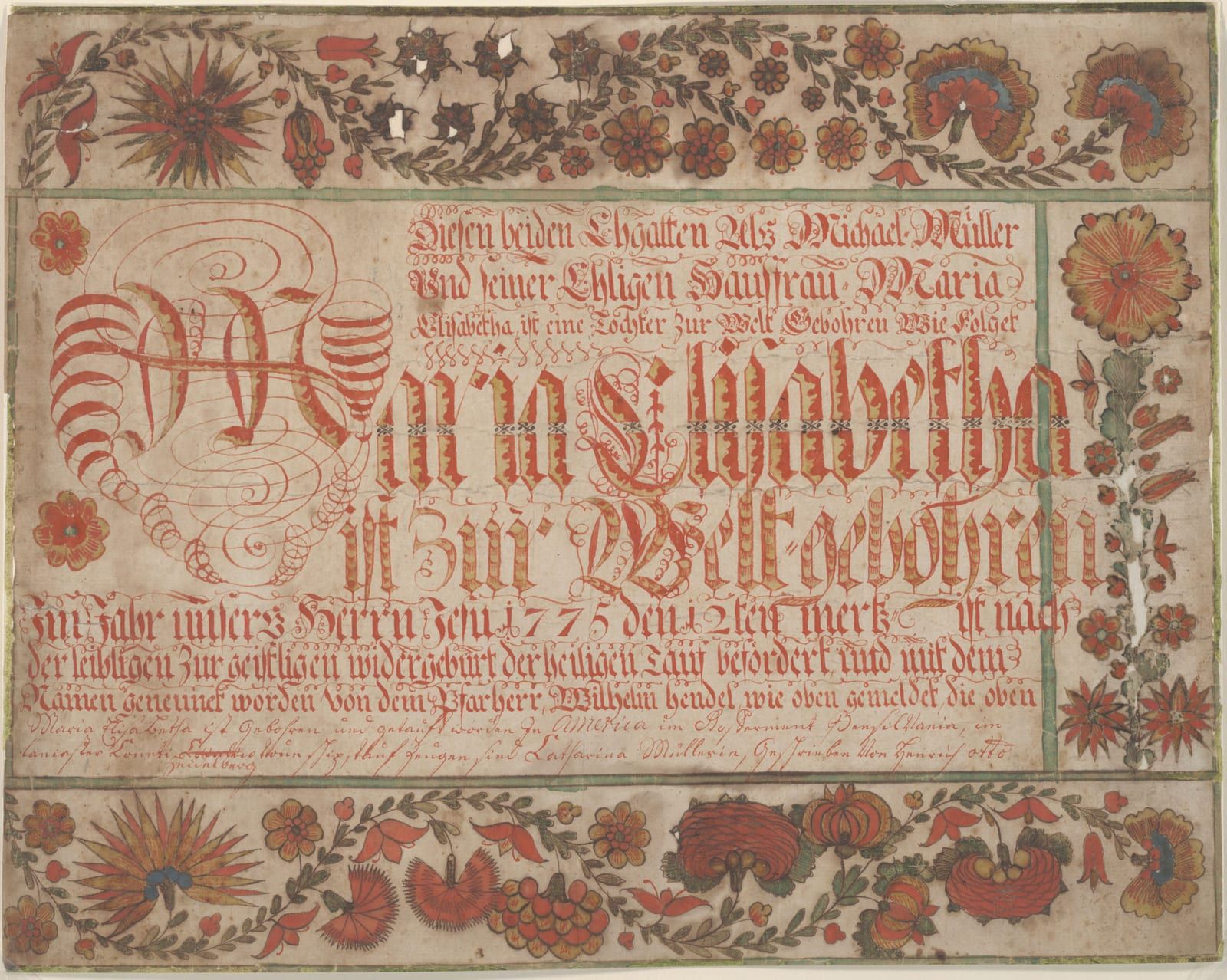 A baptismal certificate lettered in giant red-and-yellow Fraktur script with an elaborate spiral-flourished opening, framed by dense borders of tulips, carnations, rosettes, and pomegranates in red, ochre, and green.