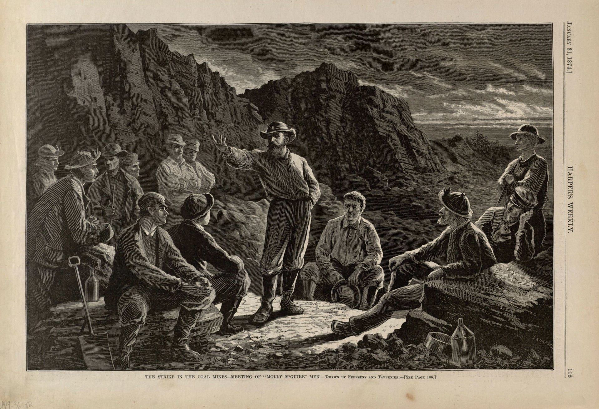 An 1874 Harper's Weekly wood engraving: a group of miners gathered among rock ledges at dusk, one standing figure gesturing to the seated men, a can and pick at their feet.