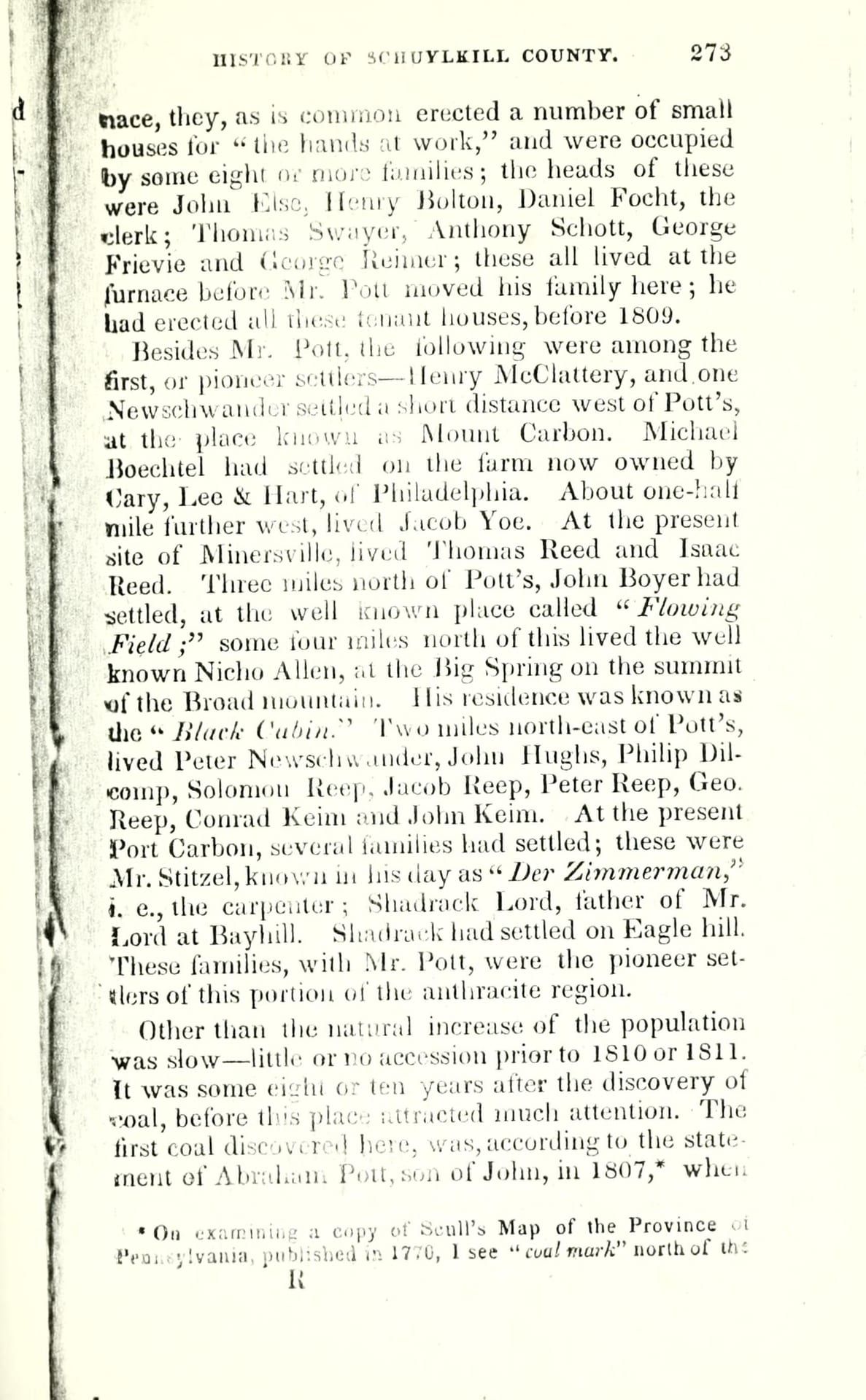 Page 273 of I. Daniel Rupp's 1845 county history, the printed roster of the pioneer settlers around Pott's furnace — the names Nicho Allen, the Reep brothers, Mr. Stitzel and Shadrack Lord set in worn mid-nineteenth-century type.