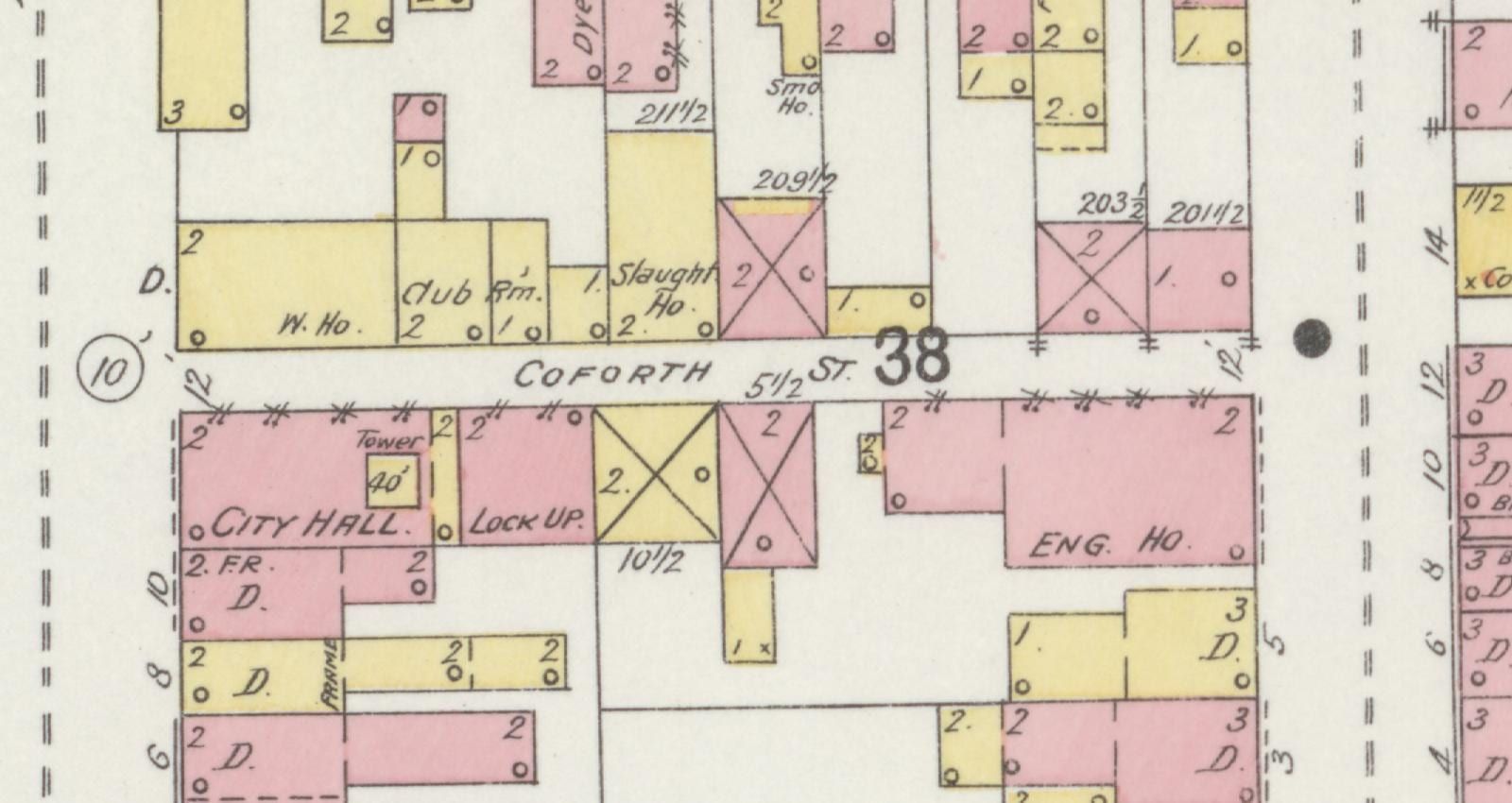 A hand-colored Sanborn insurance-map detail of block 38 with COFORTH ST. running through it, a brick building lettered CITY HALL with a Tower 40 note, LOCK UP adjoining, and ENG. HO. at the end of the row.