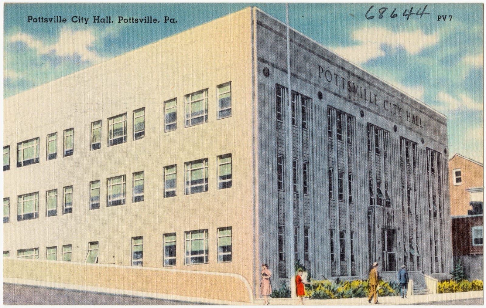 A linen-textured color postcard of Pottsville City Hall, a long three-story Moderne building in pale sandstone under a blue sky, POTTSVILLE CITY HALL lettered across the fluted entrance bay, with small figures on the sidewalk by the front steps.