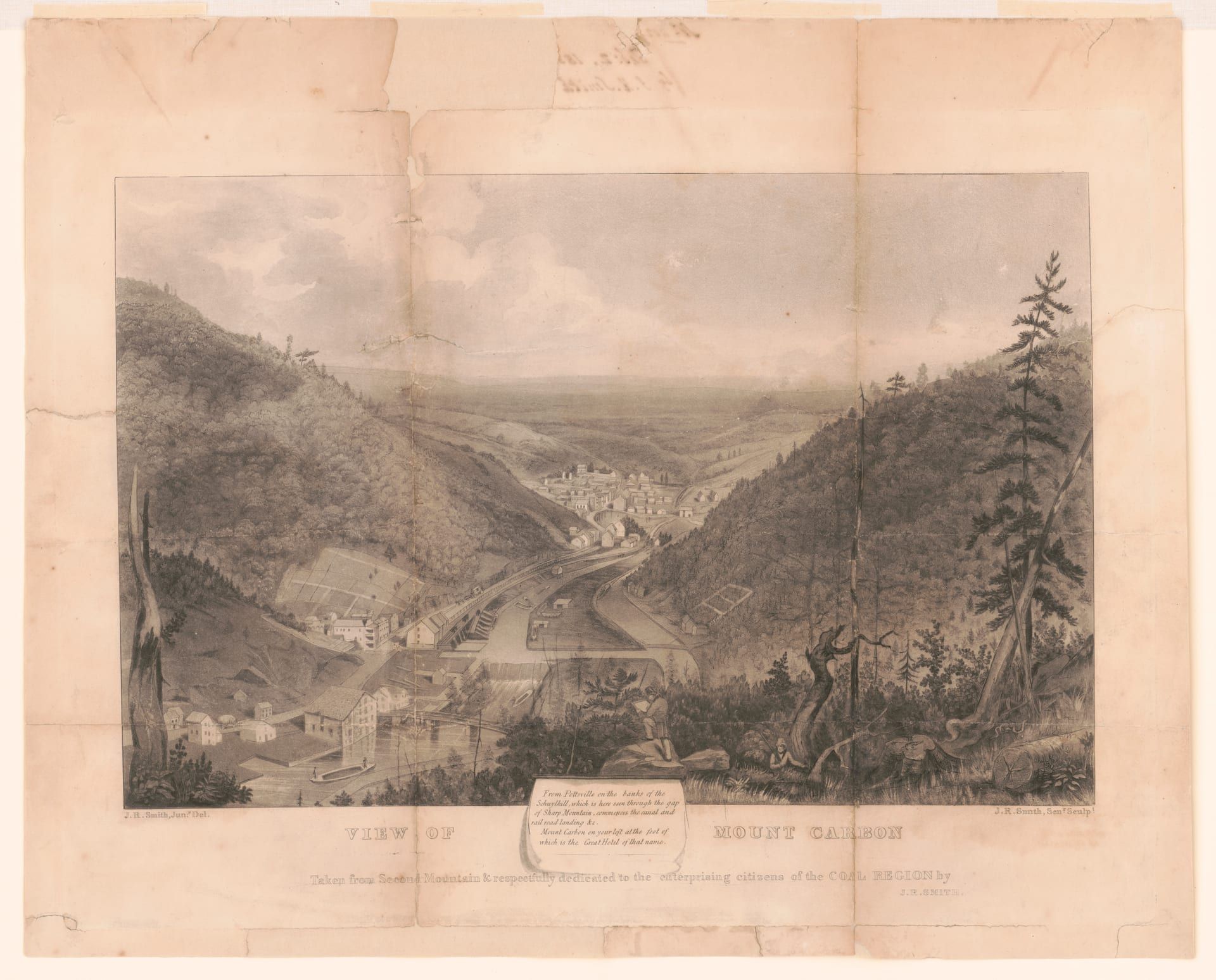 An 1833 aquatint, 'View of Mount Carbon,' looking down the Schuylkill River valley from Second Mountain: the river and canal winding between wooded ridges past the buildings of Mount Carbon and Pottsville, with two figures resting on the overlook in the foreground.