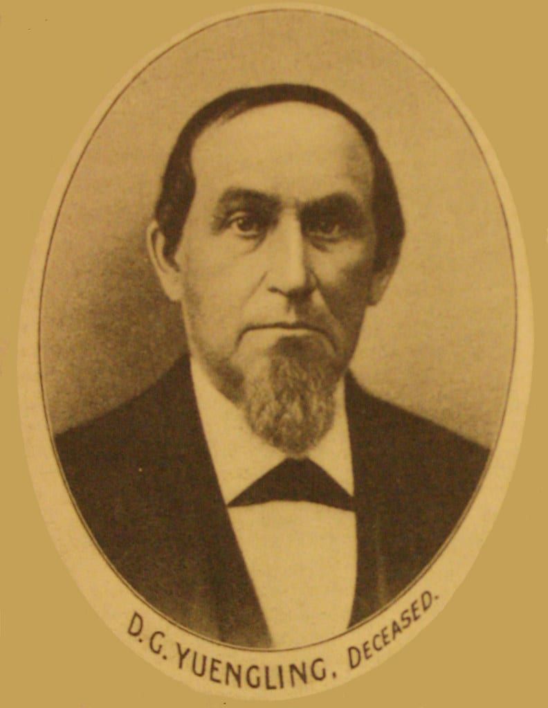 An oval sepia portrait of David G. Yuengling, a bearded man in a dark coat and bow tie, captioned 'D.G. Yuengling, Deceased.'