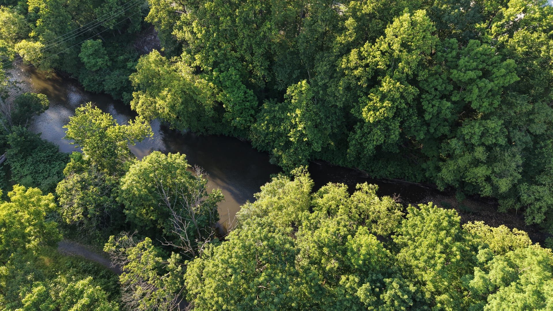 Aerial view of the Schuylkill River winding through dense green woodland in Schuylkill County, Pennsylvania, in warm low-angle light.