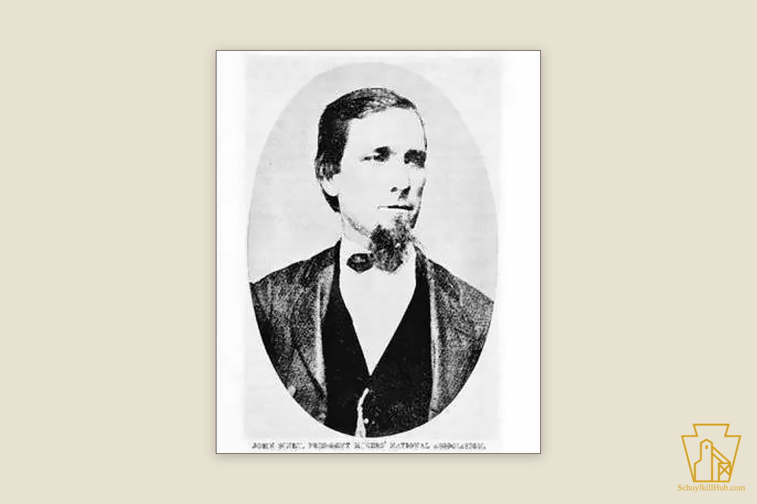Halftone bust portrait of union founder John Siney.
