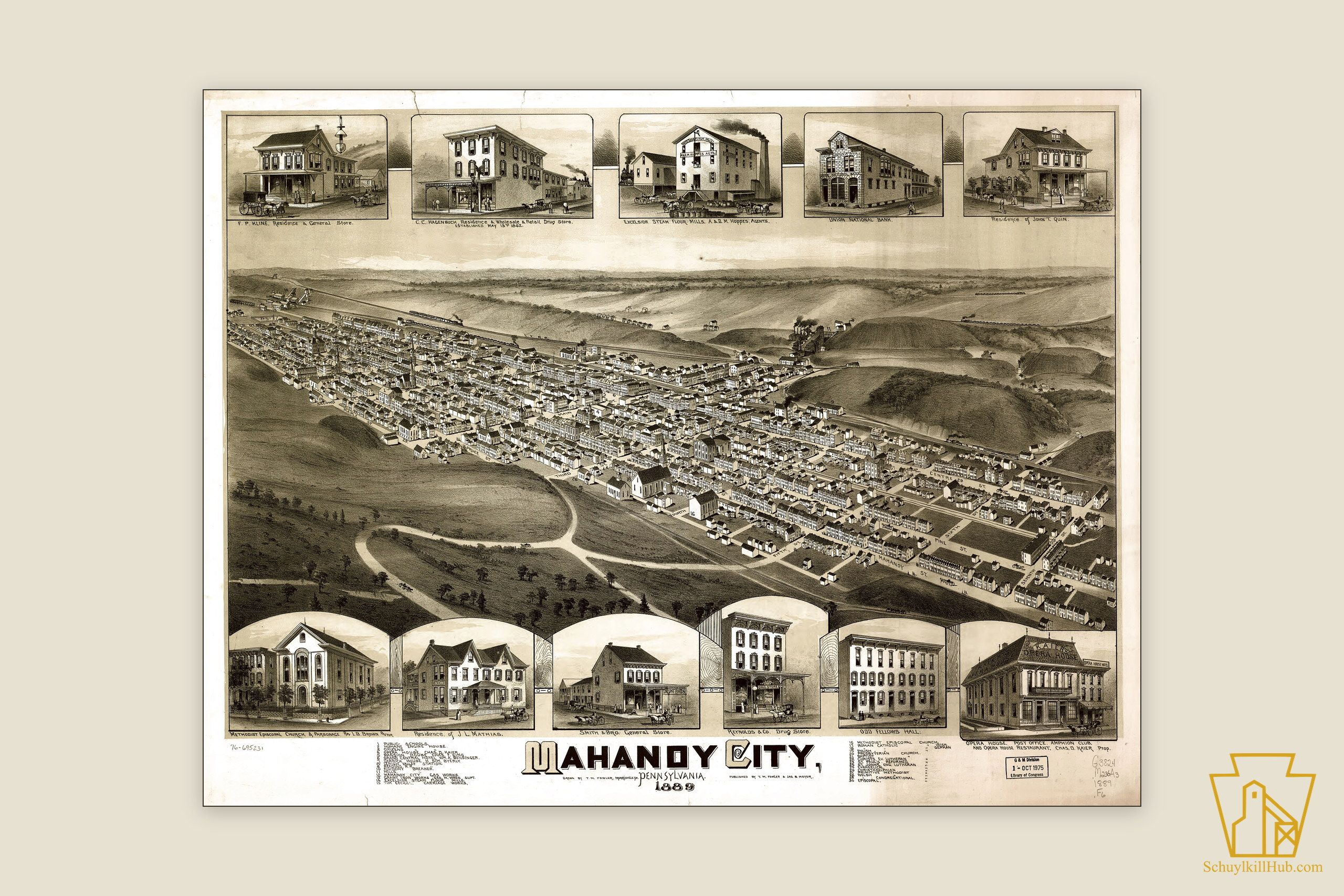 Bird’s-eye-view lithograph of Mahanoy City, Pennsylvania, 1889, streets and collieries drawn in aerial perspective.