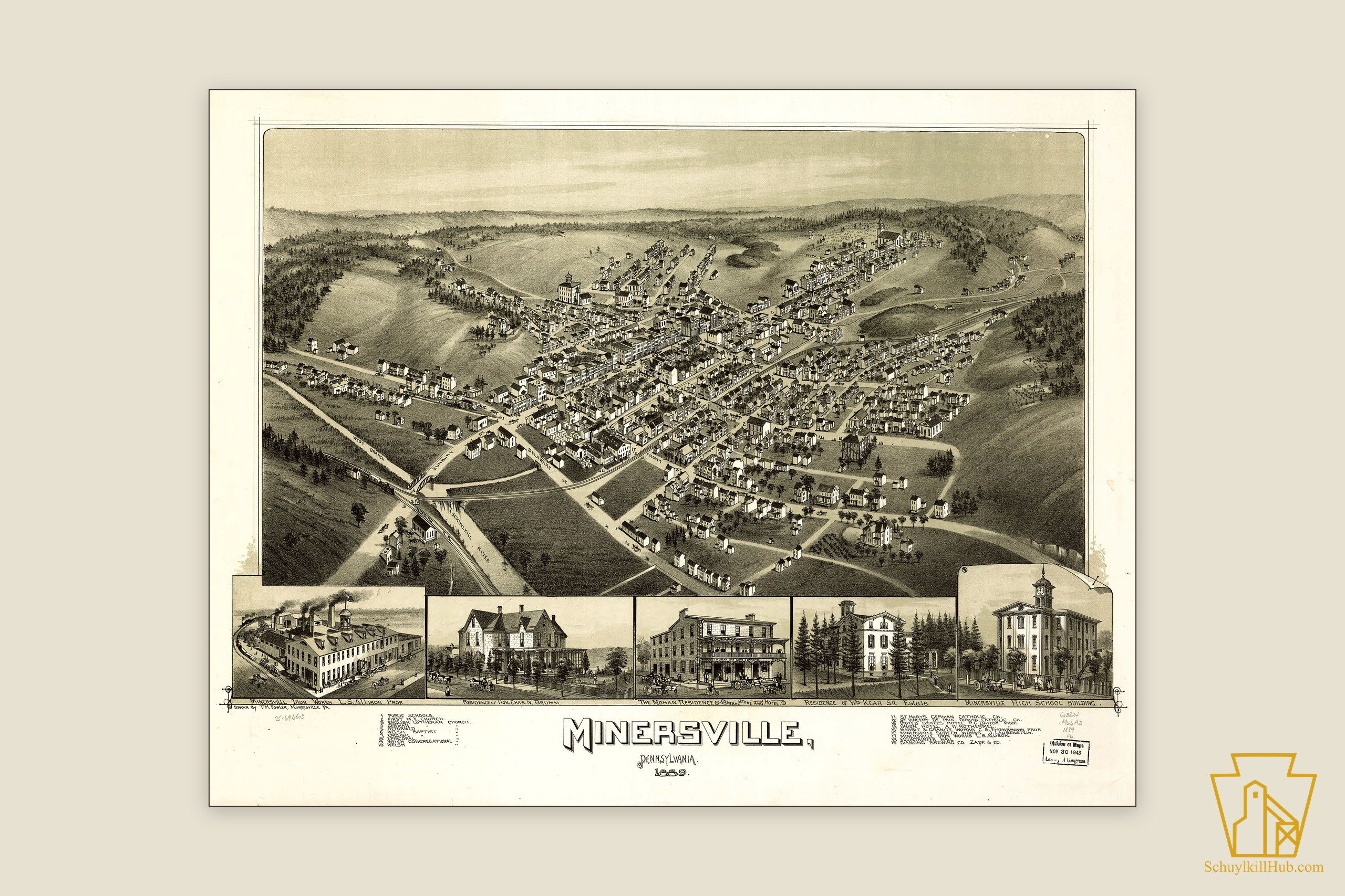 Bird’s-eye-view lithograph of Minersville, Pennsylvania, 1889, the borough’s streets drawn in aerial perspective.