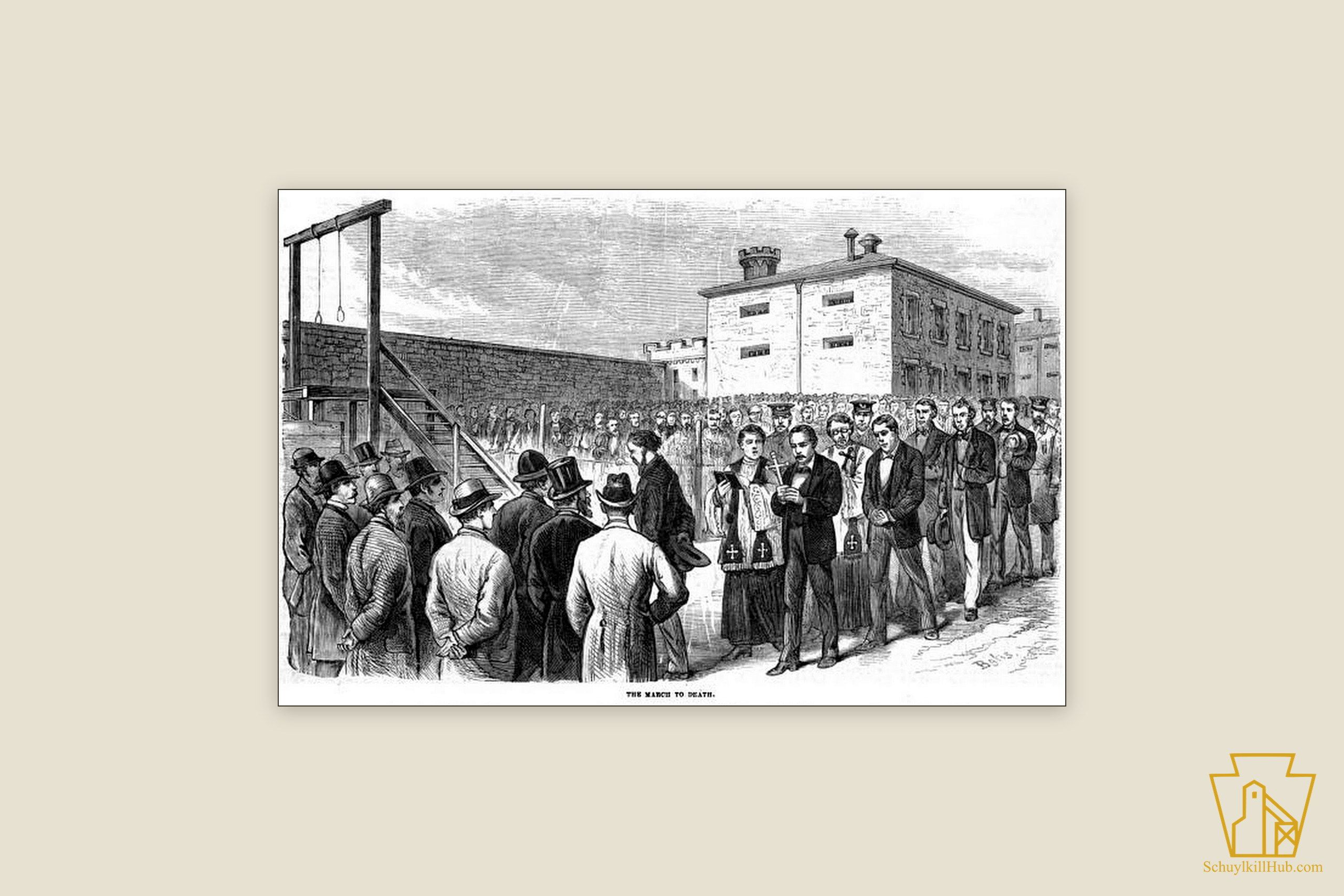 Wood engraving of the condemned Molly Maguires led by clergy past the gallows in the prison yard.