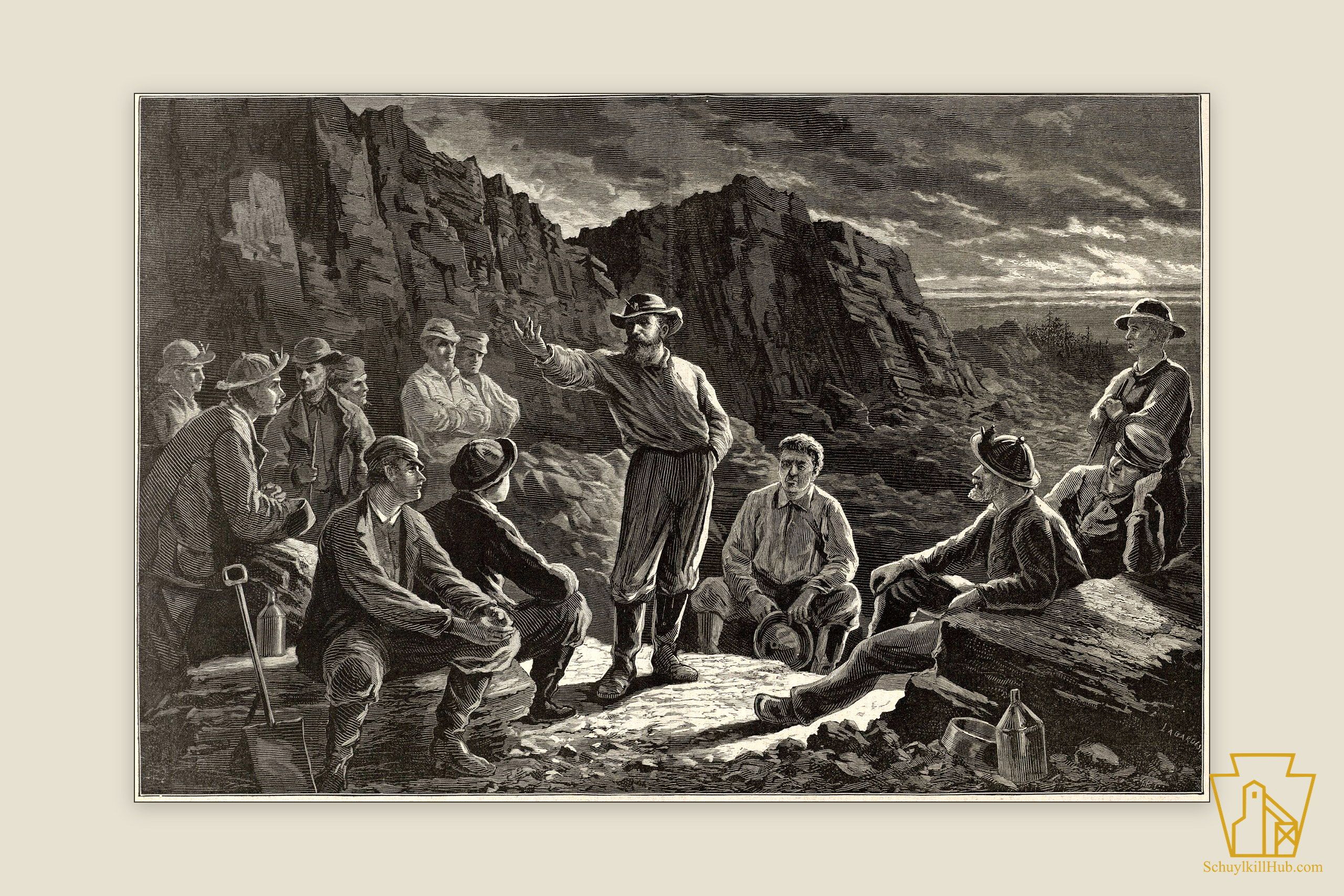 Wood engraving of a torch-lit night meeting of ‘Molly M’Guire’ men.