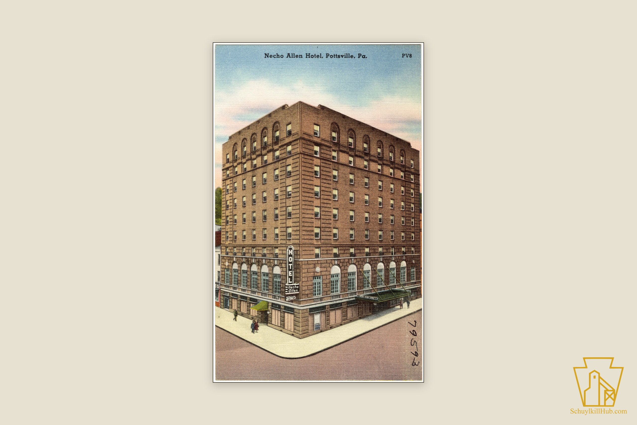 Color linen postcard of the tall brick Necho Allen Hotel with its vertical rooftop sign.