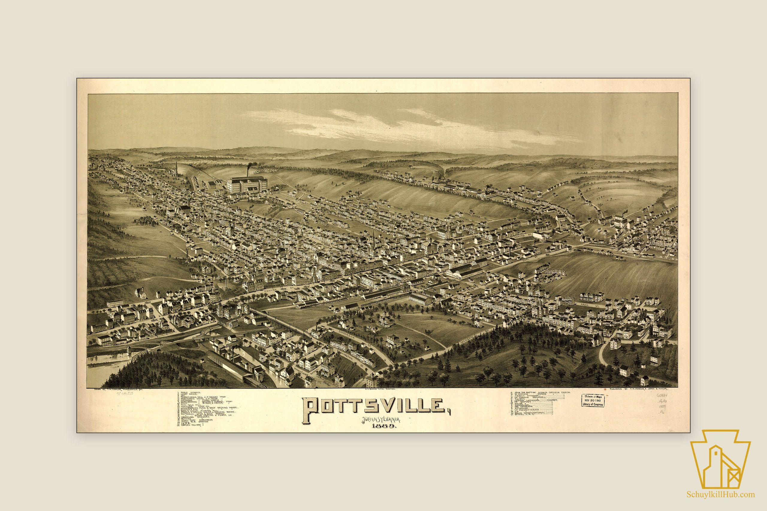 Bird’s-eye-view lithograph of Pottsville, Pennsylvania, 1889, the county seat’s hillside streets drawn in aerial perspective.