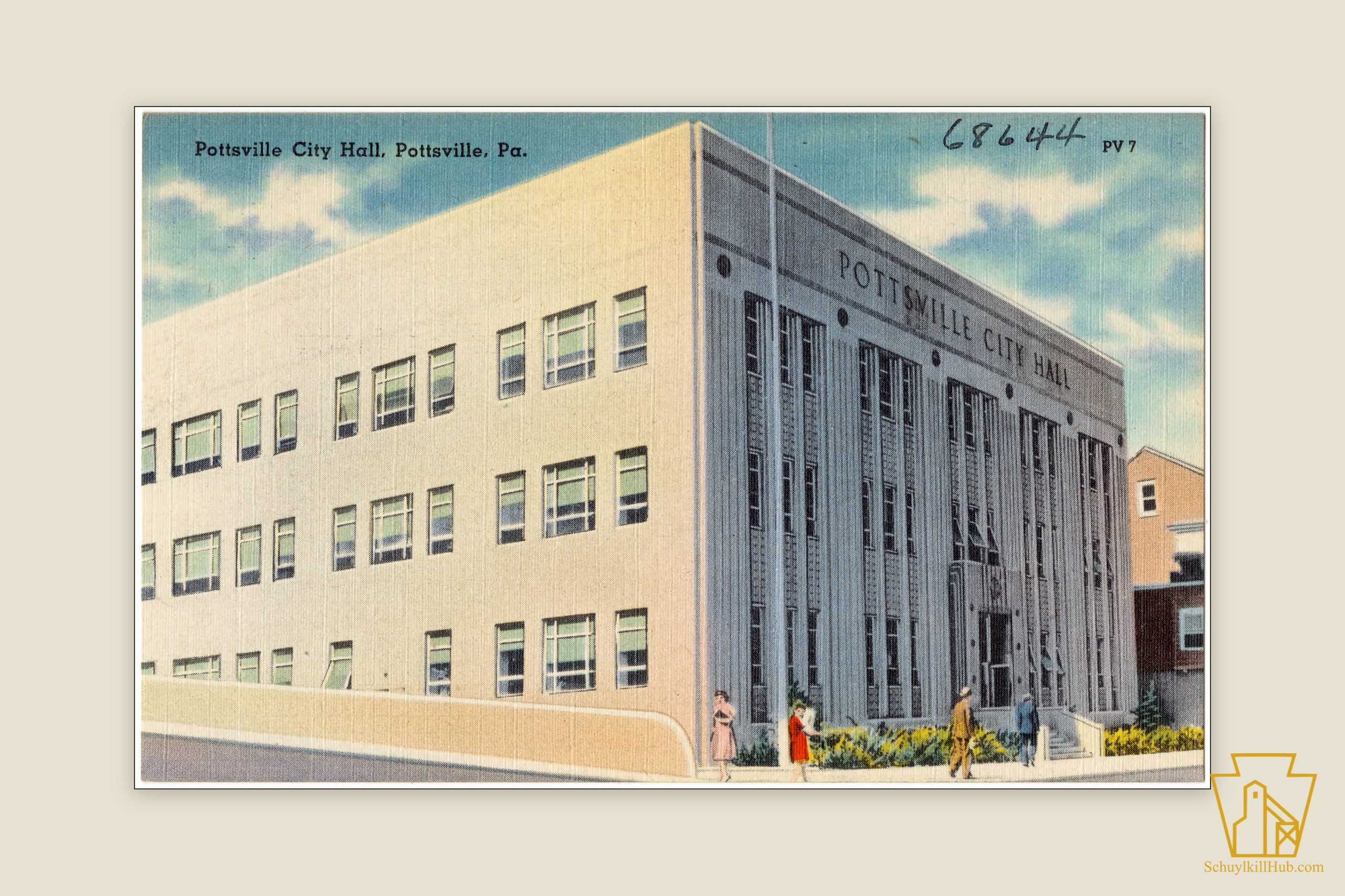 Color linen postcard of the Art Deco Pottsville City Hall tower.