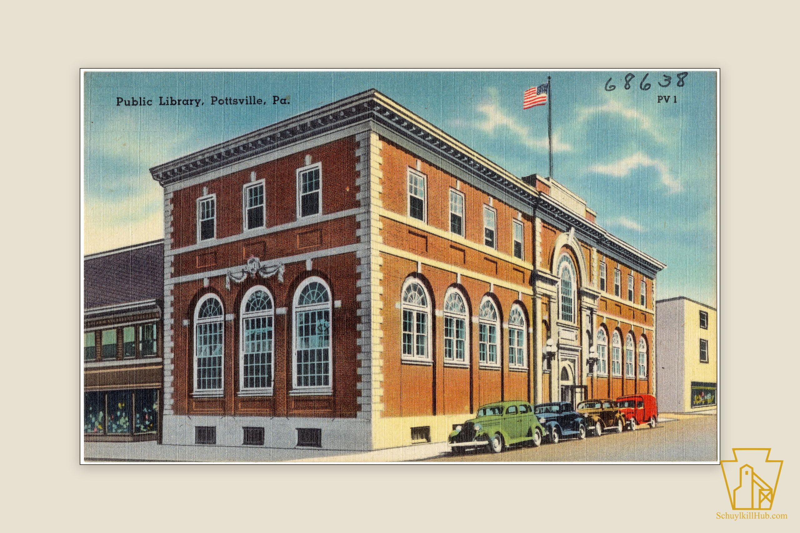 Color linen postcard of the red-brick Pottsville Public Library, with stone quoins, round-arched windows, and an arched entrance bay.