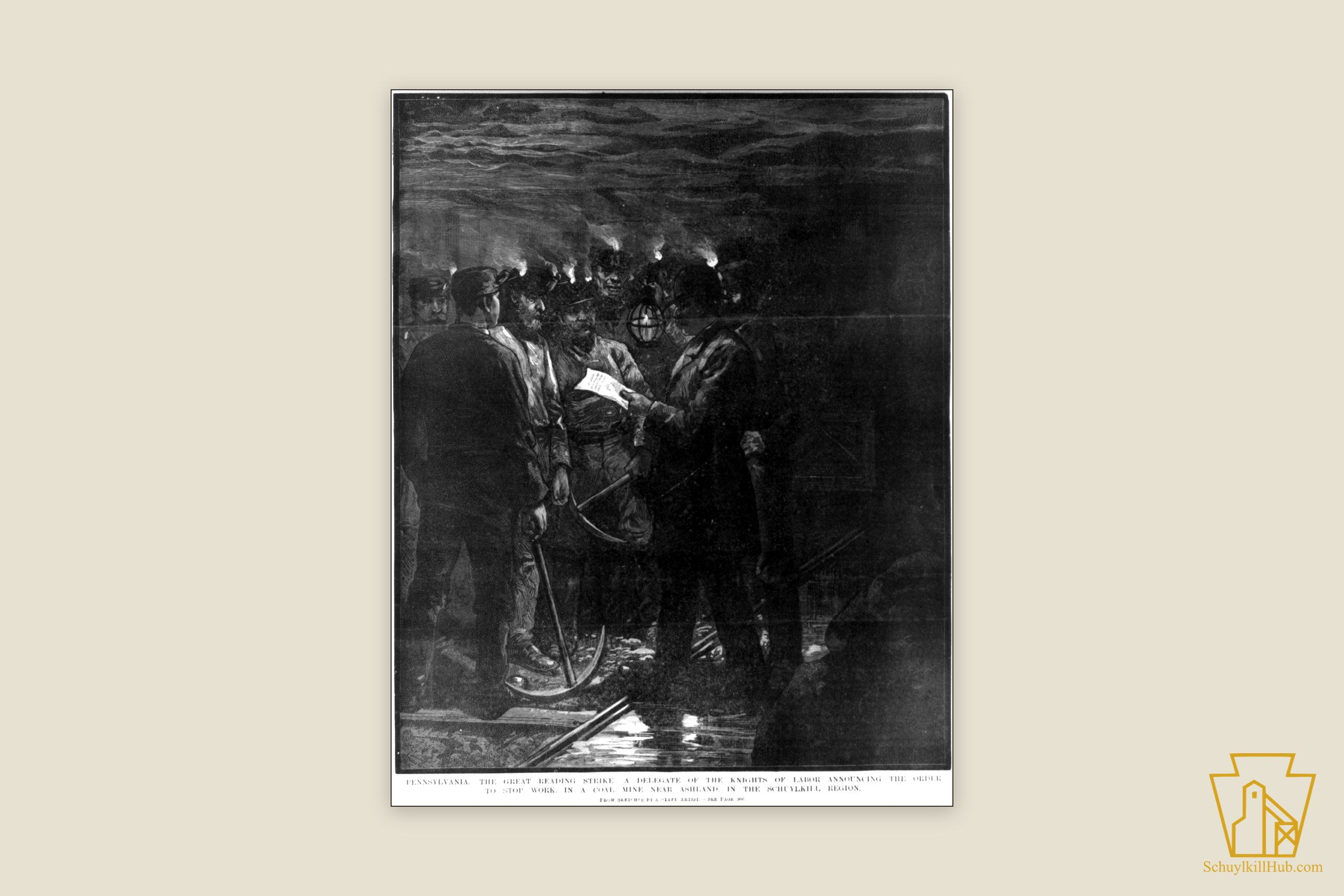 Wood engraving of a Knights of Labor delegate reading a stop-work order to miners underground by lamplight.