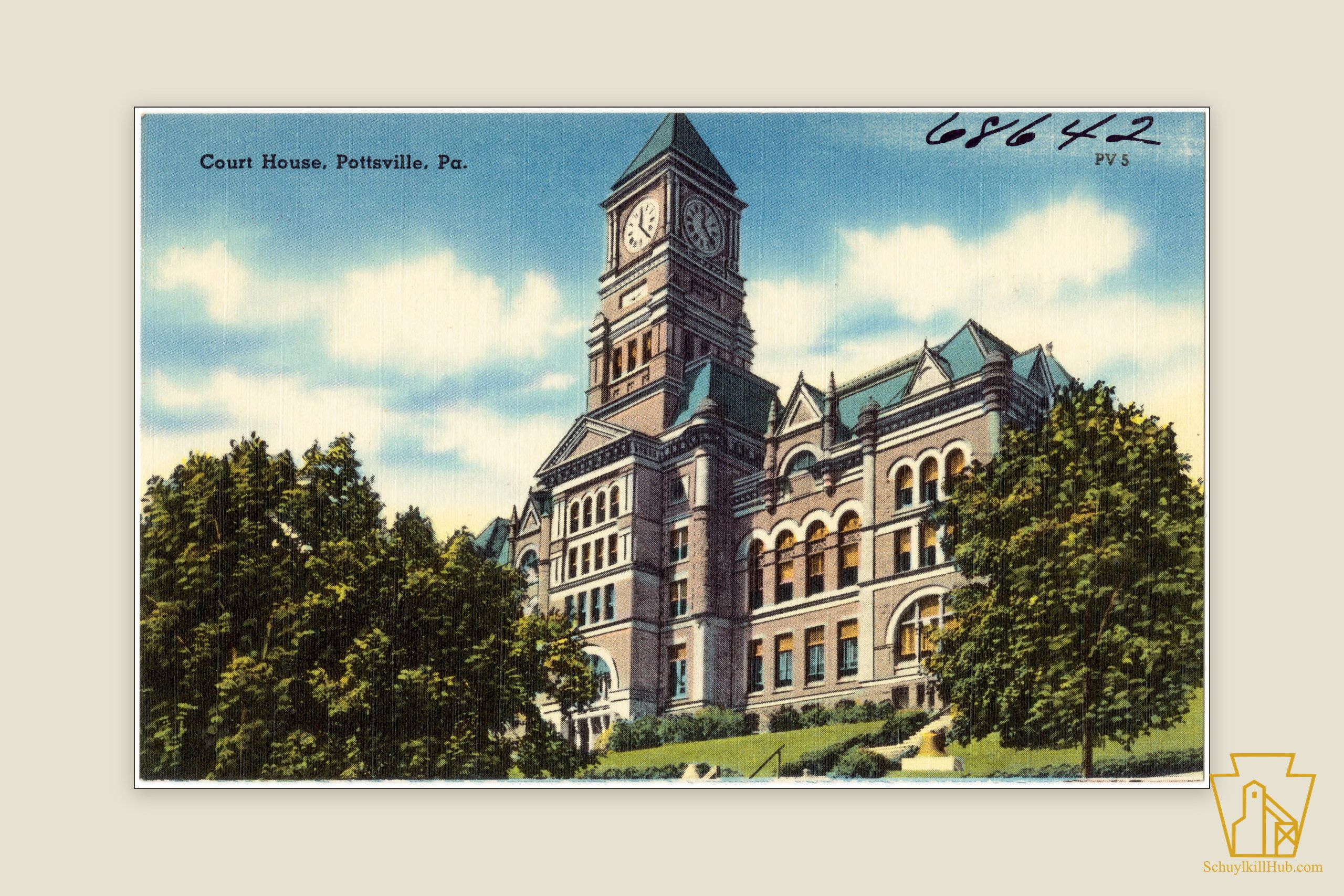 Color linen postcard of the Schuylkill County Courthouse and its Romanesque clock tower at Pottsville.