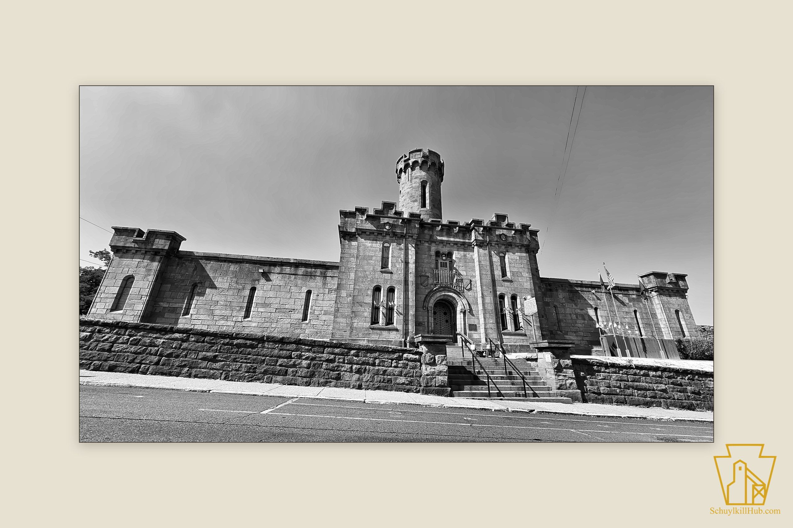 The castellated stone front of the Schuylkill County Prison at Pottsville.