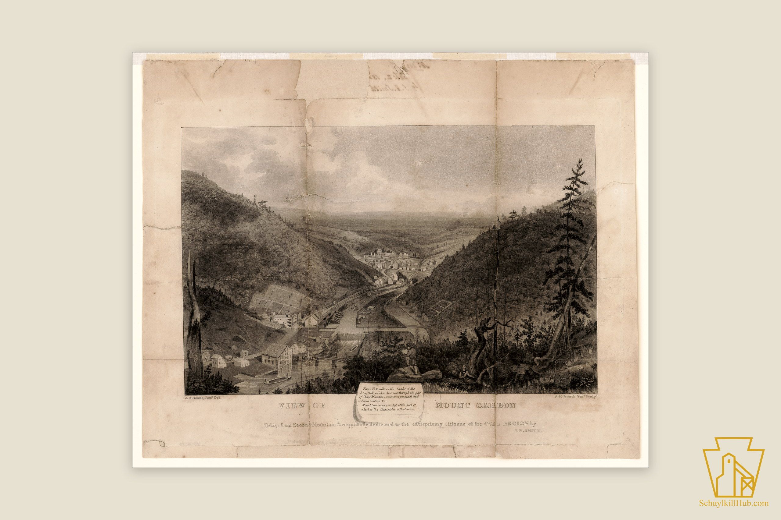 Aquatint view of the Schuylkill River winding between wooded ridges at Mount Carbon.