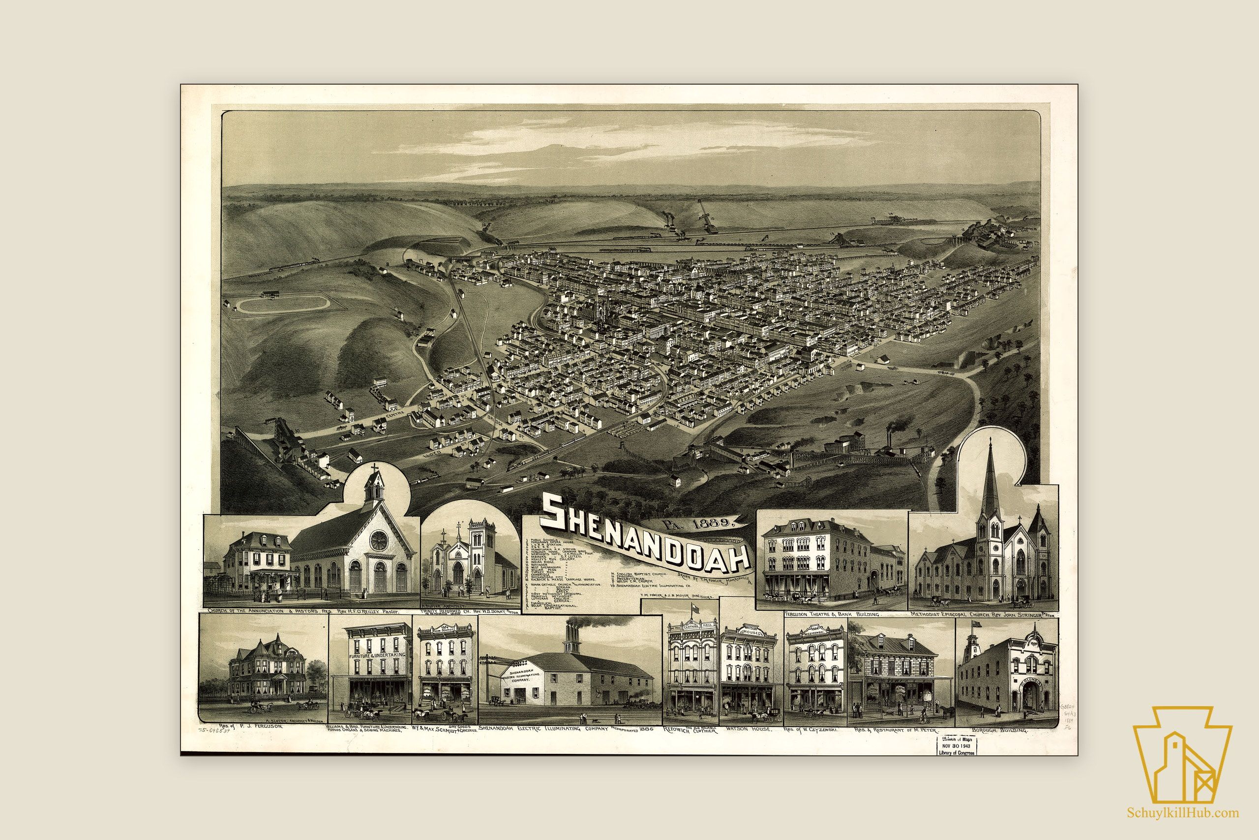 Bird’s-eye-view lithograph of Shenandoah, Pennsylvania, 1889, the mining town’s dense grid drawn in aerial perspective.