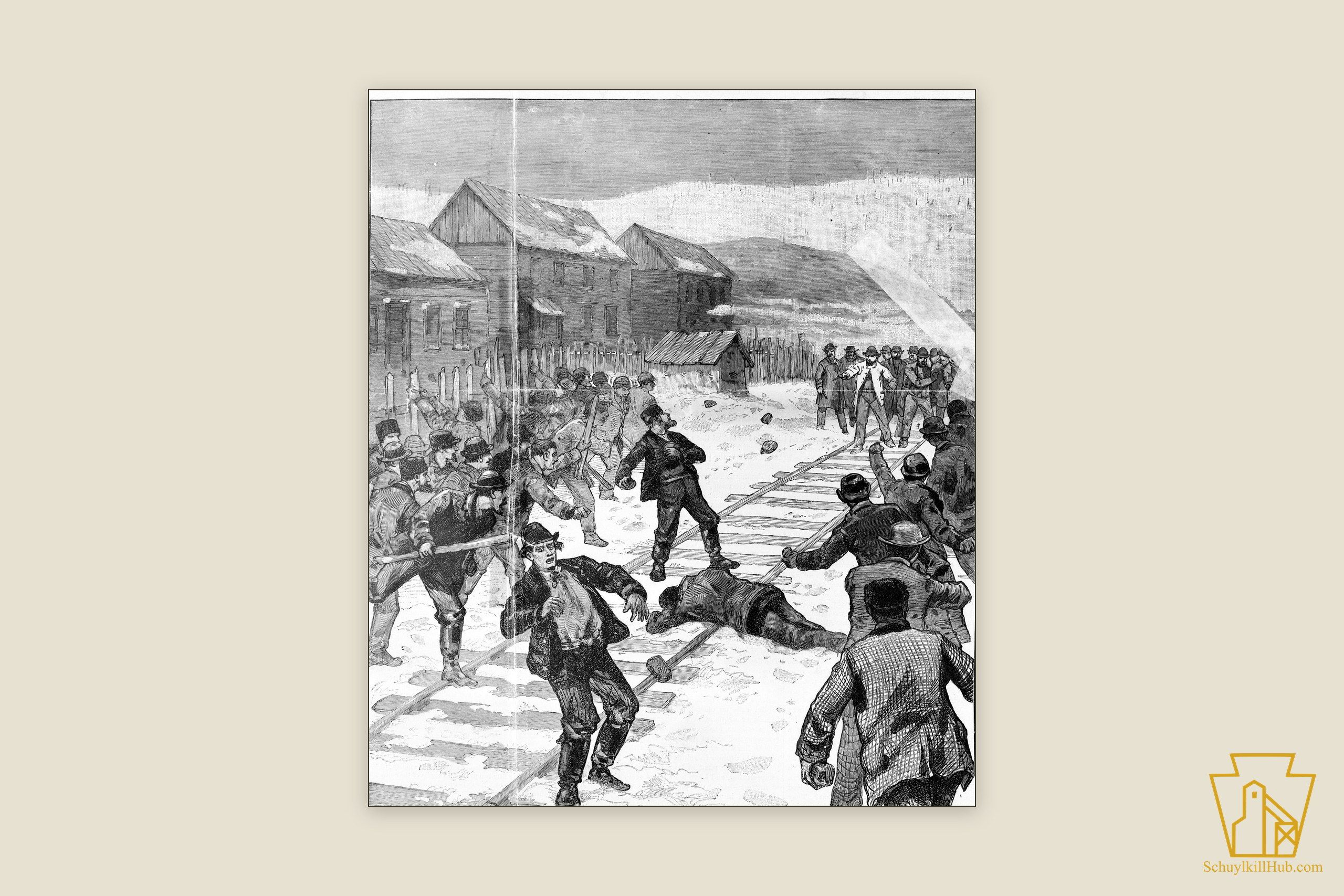 Wood engraving of strikers clashing with the Coal and Iron Police on a snowy Shenandoah street.