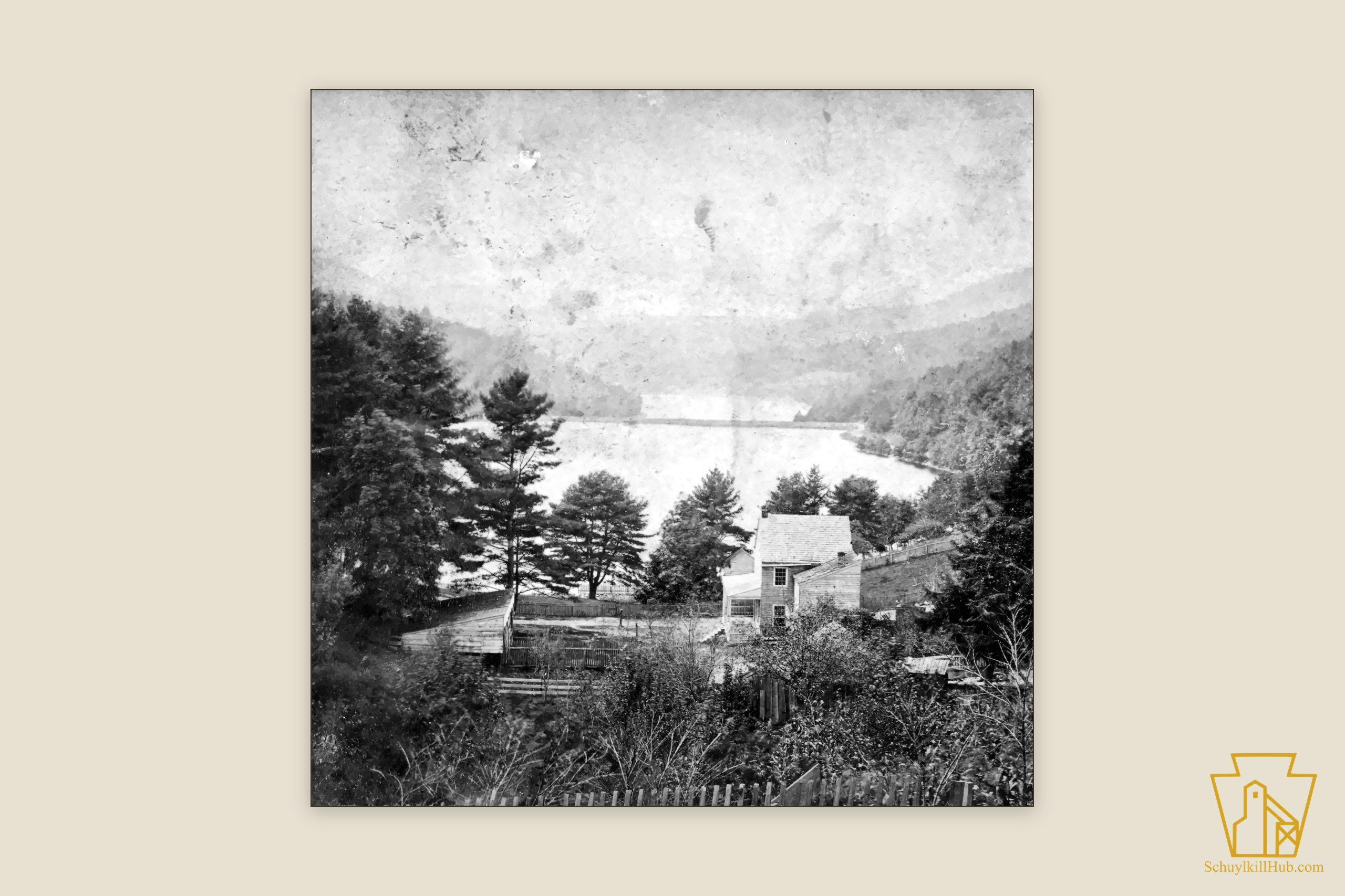 The twin dams and wooded shore at Tumbling Run — a frame from an 1868 stereograph.