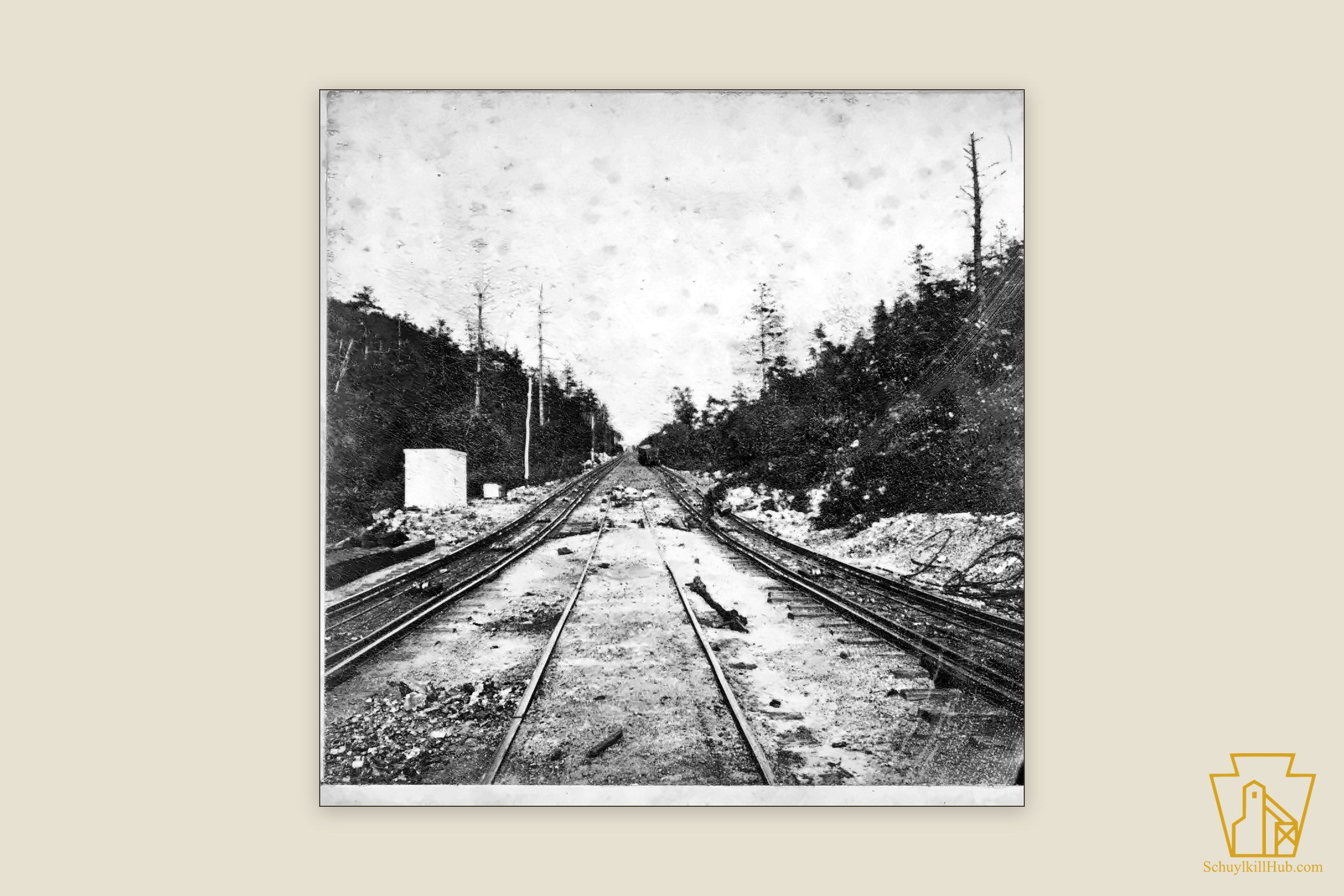Looking up the Upper Gordon inclined plane, a distant train on the wooded grade.
