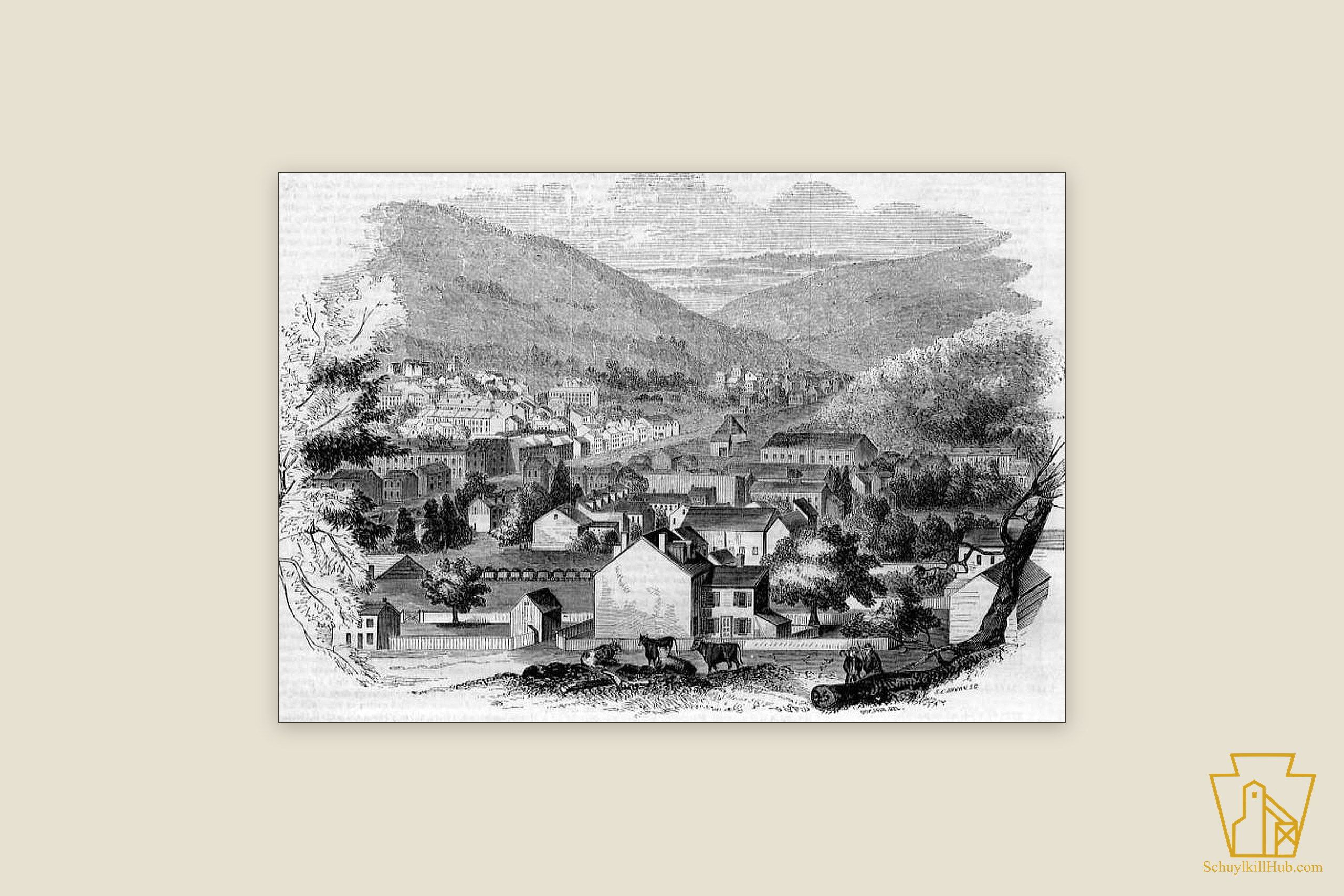 Wood engraving of Pottsville on its hillside, published in Gleason’s Pictorial in 1854.