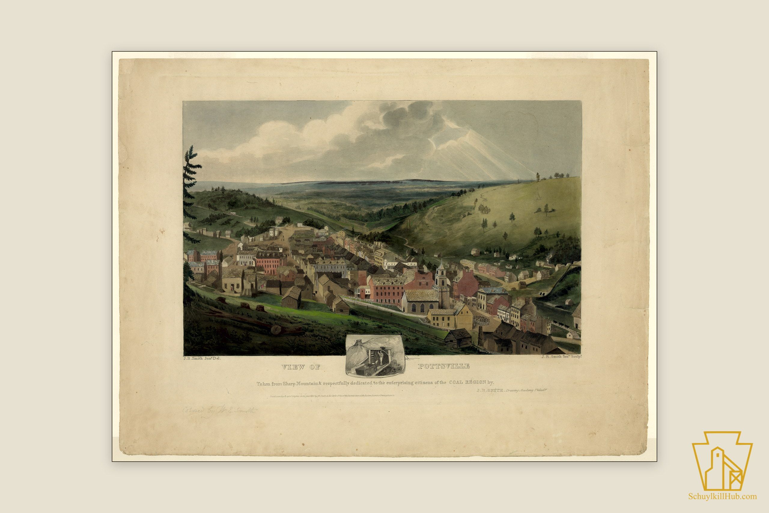 Hand-colored aquatint panorama of early Pottsville, with an inset vignette of a miner at a drift mouth.
